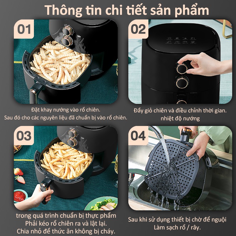 Nồi chiên không dầu dung tích 5L mang nhiều chức năng thông minh như rán quay nướng không dùng dầu mỡ