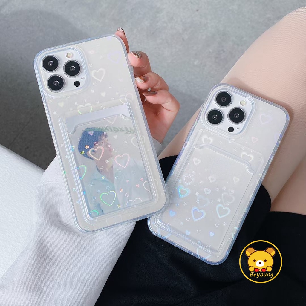 Ốp Điện Thoại Silicon Màu Laser Trong Suốt Họa Tiết Trái Tim Kèm Ngăn Đựng Thẻ Cho iPhone 11 13 12 Pro Max XS X XR 7 8 Plus