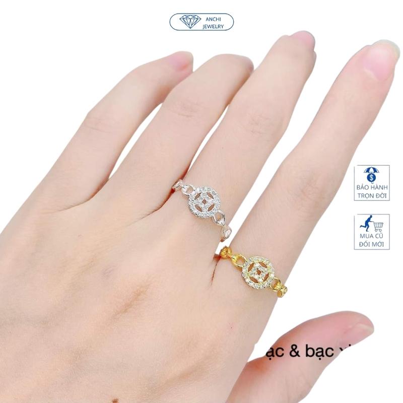 Nhẫn kim tiền chữ vạn đính đá, chuẩn bạc mạ vàng - Anchi jewelry