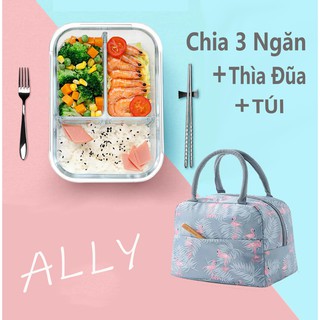 Hộp Đựng Cơm Giữ Nhiệt Thủy Tinh Chia 3 Ngăn Văn Phòng Kèm Thìa Đũa Túi Giữ Nhiệt  Đi Làm Đi Học Vi Sóng HB27