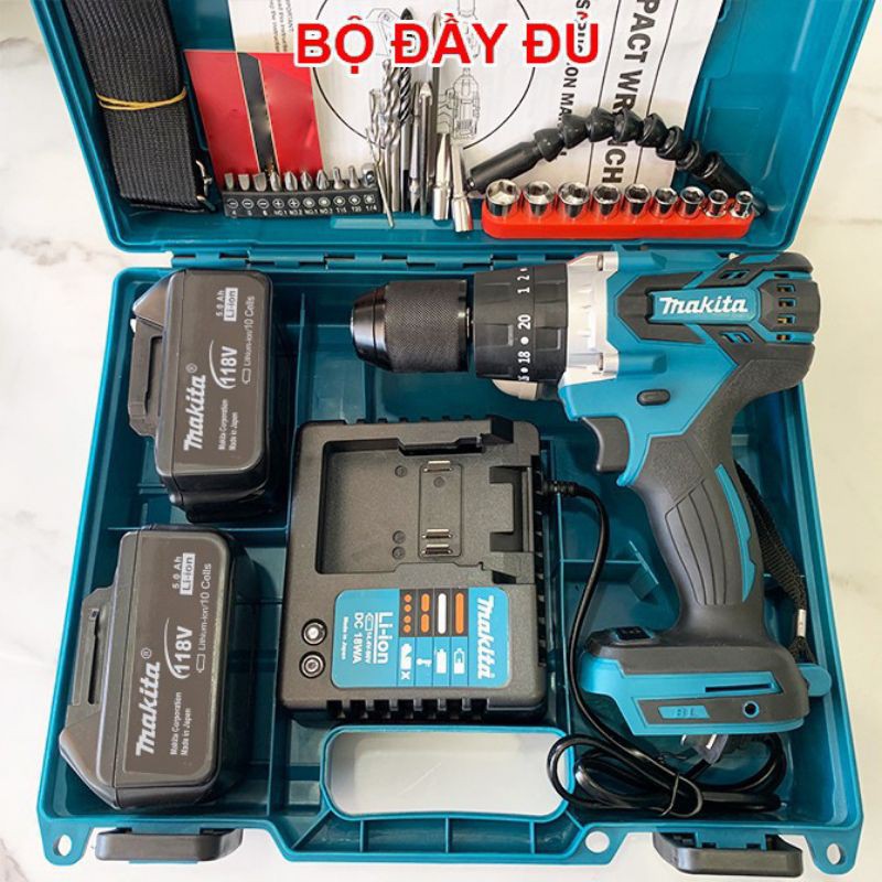 Bộ khoan pin bắt vít Makita 118V không chổi than tặng kèm phụ kiện 30 món.