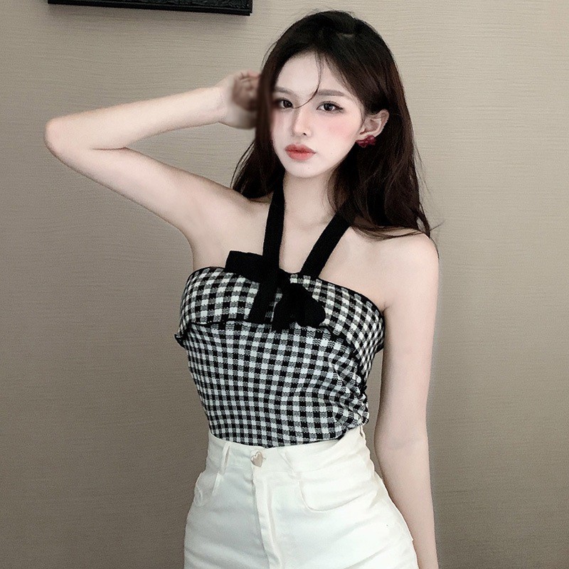 Áo Croptop Dệt Kim Hai Dây Họa Tiết Sọc Caro Phong Cách Hàn Quốc Quyến Rũ Cho Nữ