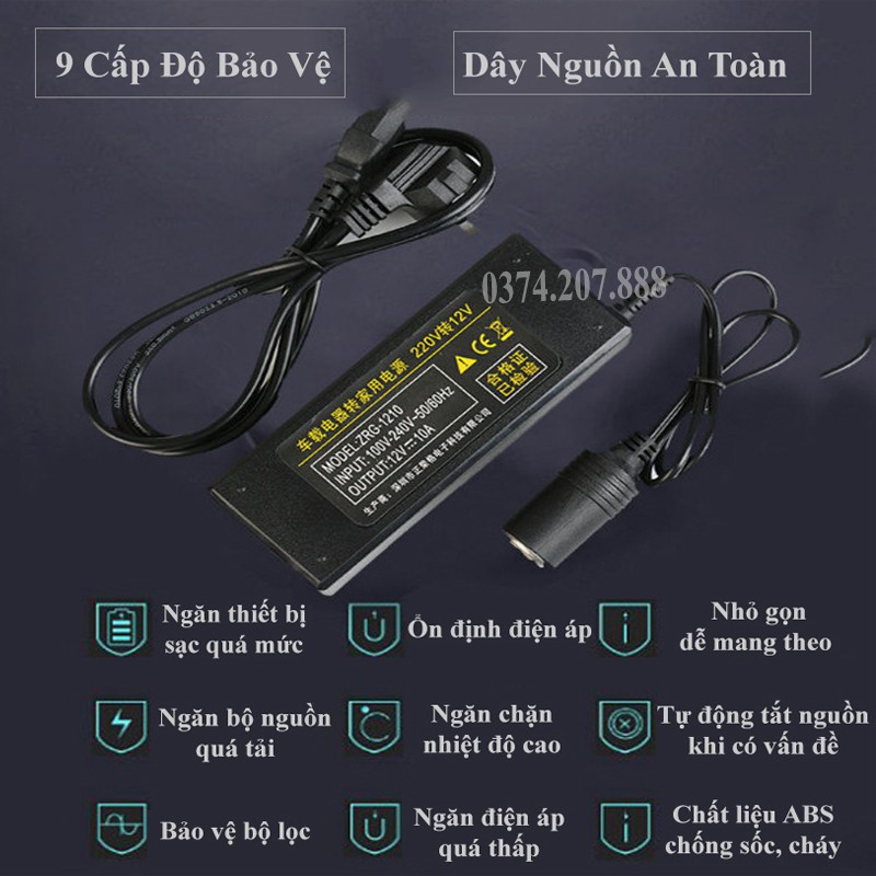 Bộ chuyển đổi nguồn 220V sang 12V 5A kết nối từ tẩu ô tô sử dụng cho máy hút bụi, máy bơm