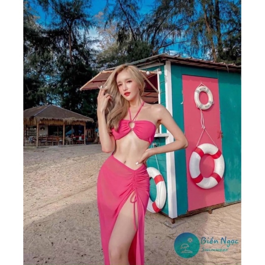 Set bikini 3 món bộ bơi đi biển áo nơ buộc quần váy dây rút kín đáo  EVA S3MVR
