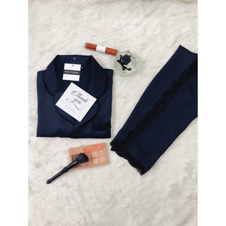 Pijama Lụa cao cấp phối ren xanh Navy 40-70kg