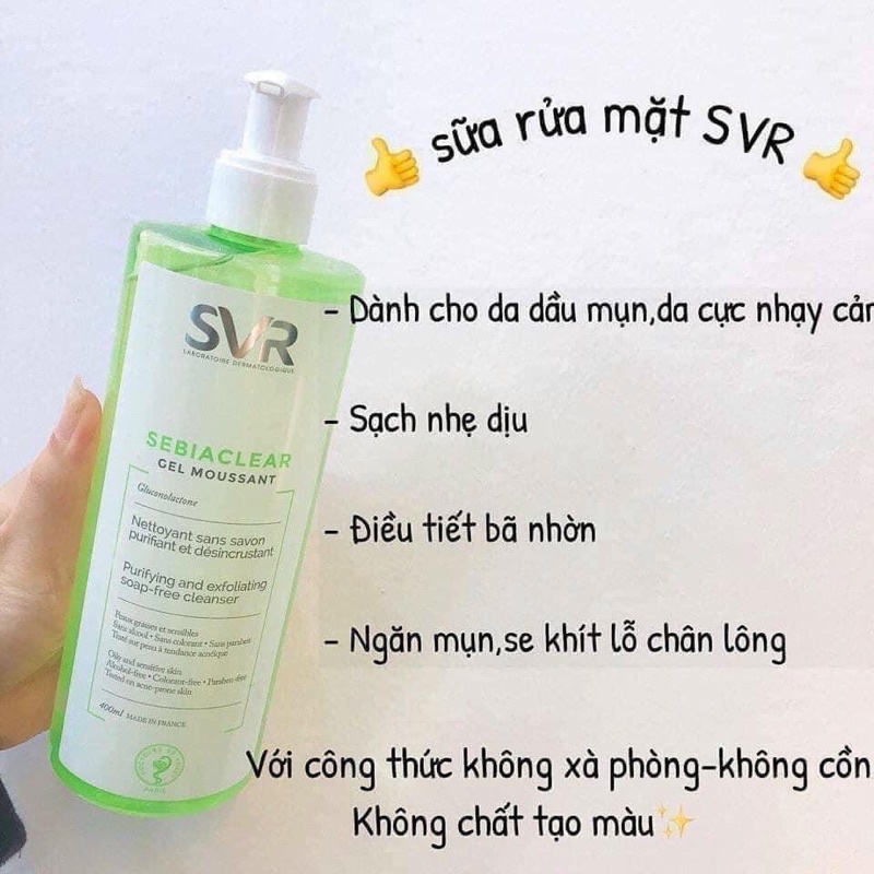 Sữa rửa mặt SVR Sebiaclear Gel Moussant không xà phòng lành tính cho da dầu mụn nhạy cảm 400ml