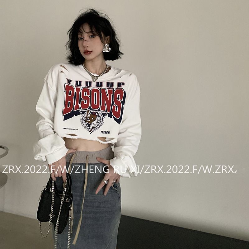 COZOKC COZOK Áo thun crop top COZOK tay dài in họa tiết chữ cái thời trang Hàn Quốc dành cho nữ