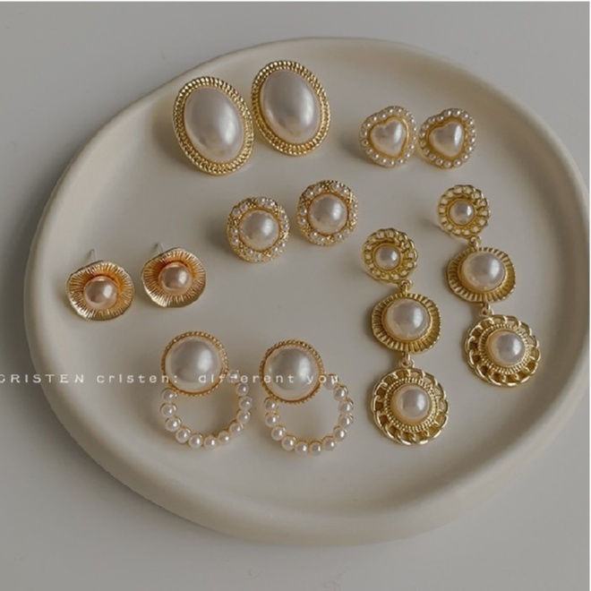 MOCHASHUĐôi khuyên tai MOCHASHU dạng xỏ đính hạt ngọc trai nhân tạo phong cách vintage thanh lịch thời trang Pháp