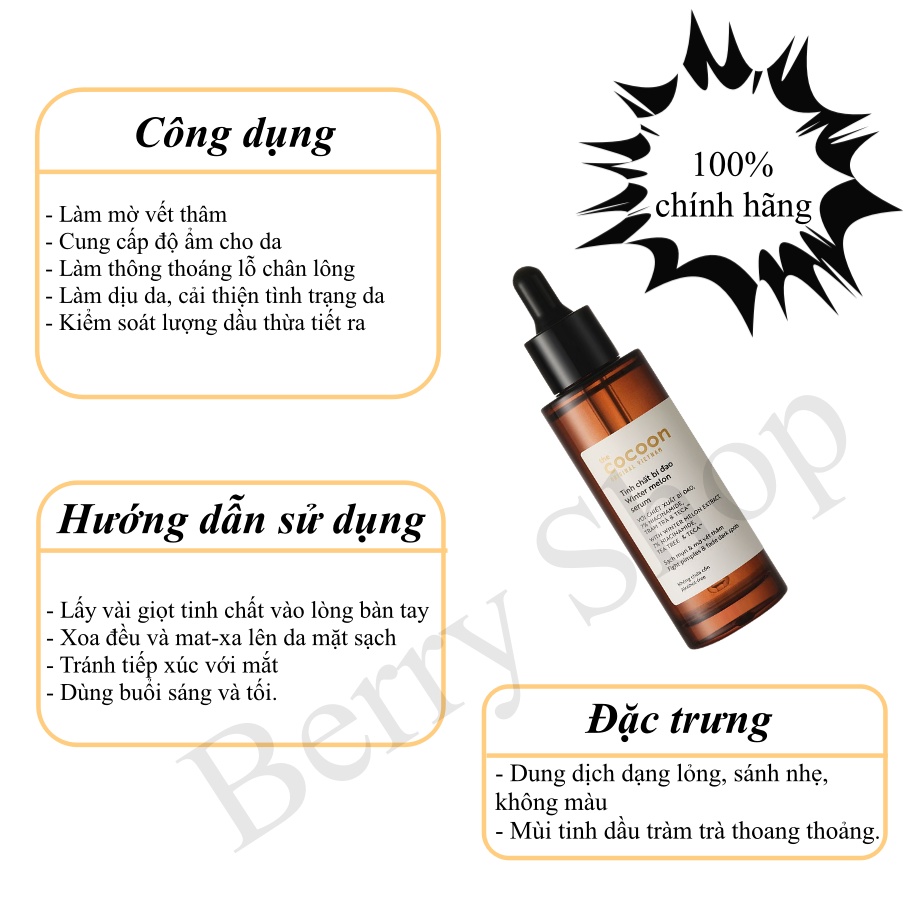 Tinh chất Cocoon:Serum nghệ &amp;  bí đao &amp; hoa hồng 30ml / 70ml, Berry Shop