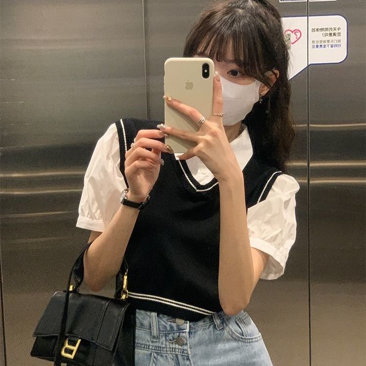 Áo Sơ Mi Giả Hai Lớp Ngắn Phong Cách Hong Kong Thời Trang Mùa Hè Hàng Mới 2022 Dành Cho Bạn Nữ