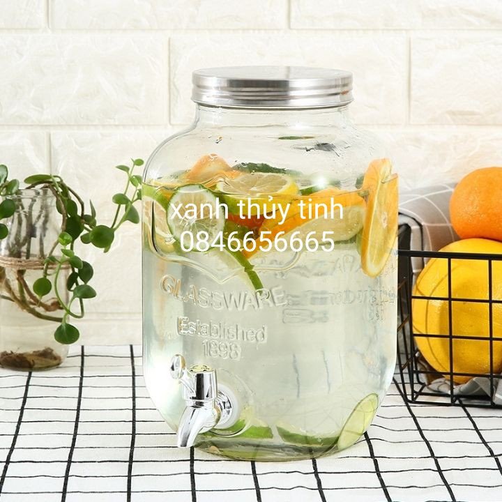 Bình thủy tinh có vòi rót đựng đồ uống bàn tiệc, tiếp khách ngày tết - dung tích 8l, Mã: 1898 (không kèm giá đỡ)