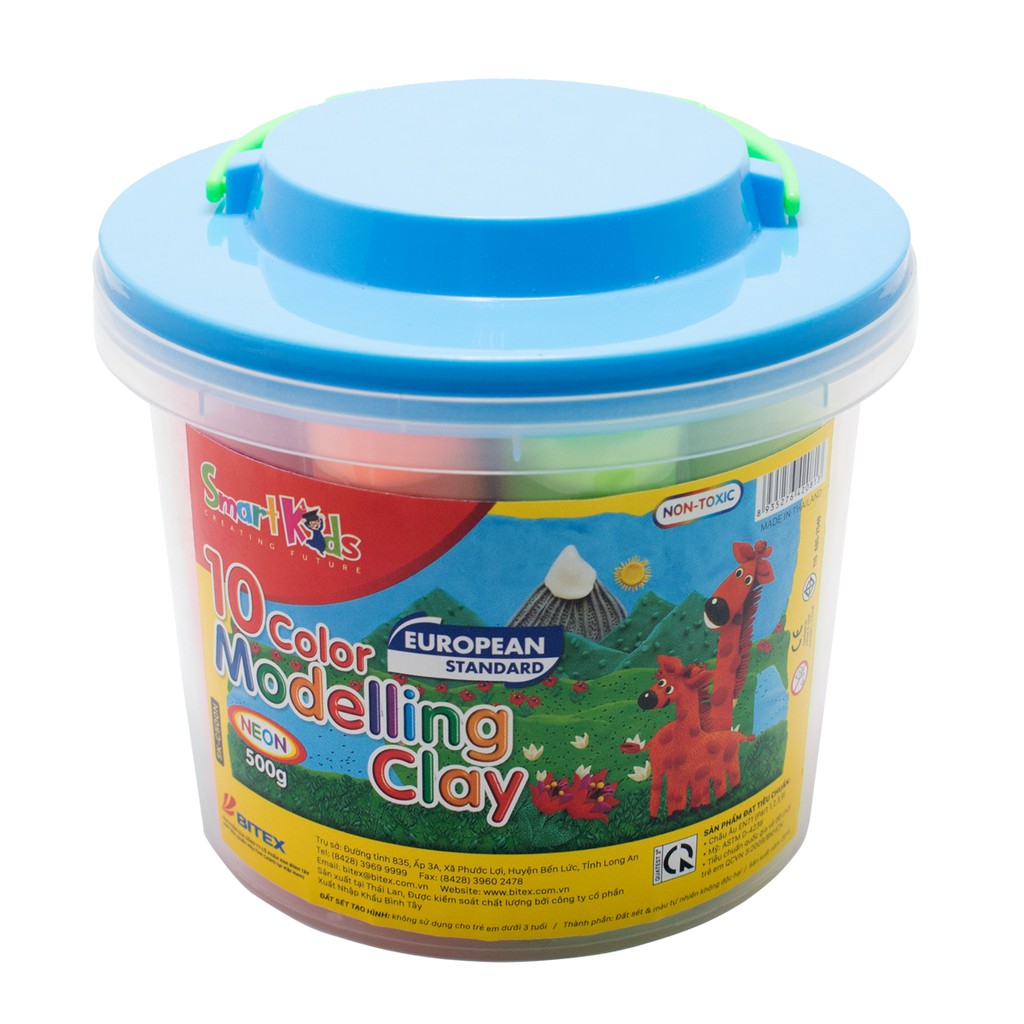 Đất nặn Smartkids xô nhựa 500g 10 màu neon dành cho bé từ 3 tuổi trở lên, an toàn, không độc hại SK-C500N