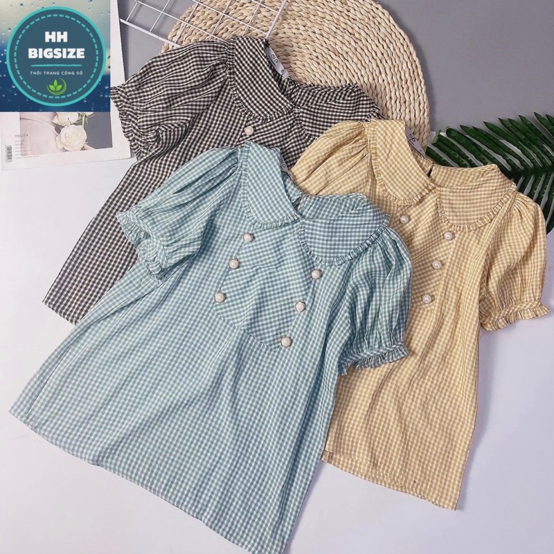 Áo Kiểu Nữ Công Sở Caro Phom Rộng Phối Nút Ngọc