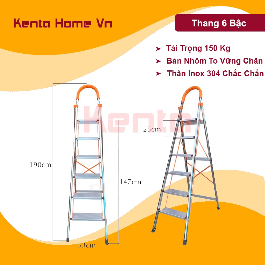 Thang nhôm ghế tay vịn 6 Bậc(Cao 147cm) Khung inox 304 cực kỳ chắc chắn an toàn, Thang nhôm ghế nhập khẩu bảo hành 1 năm