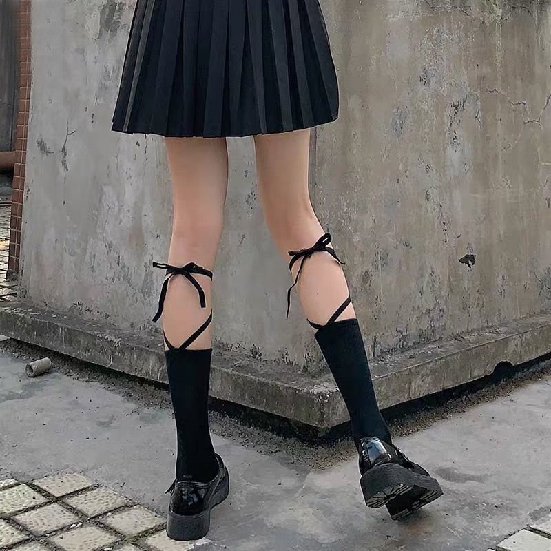 Tất trơn buộc dây cao cổ lolita, vớ cotton màu trắng đen giả bốt đùi Hàn Quốc chất len đẹp - Phụ kiện thời trang