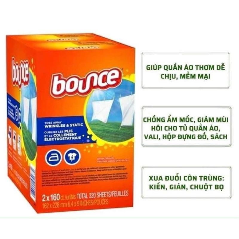 Giấy thơm quần áo Bounce Mỹ nguyên set 320 tờ ( có tách bán lẻ 1 hộp 160 tờ)