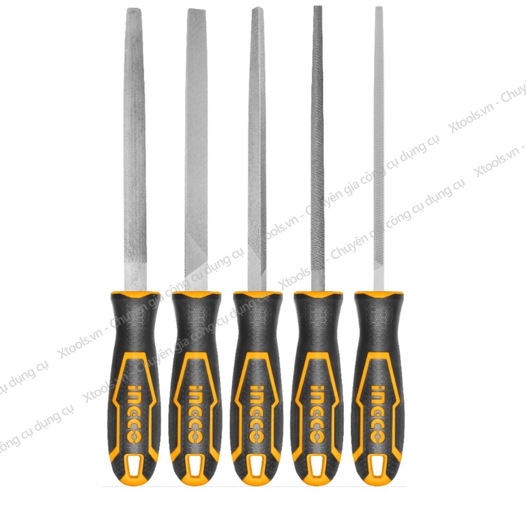 Bộ 5 giũa kim loại cầm tay cao cấp INGCO HKTFS0508 thép T12 siêu cứng chống rỉ giũa dẹp tròn vuông bán nguyệt tam giác