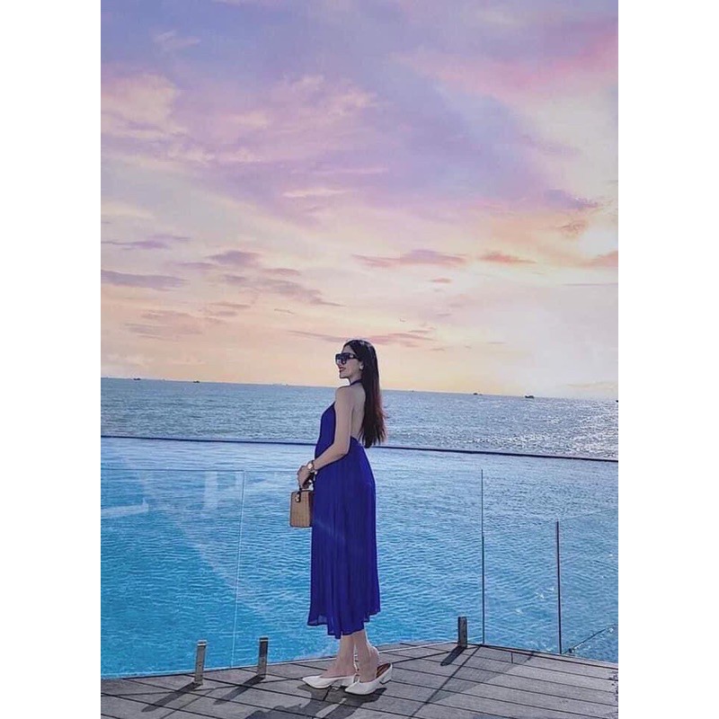 Đầm maxi xanh dập ly, Đầm xanh xoè yếm cột nơ dập ly cao cấp | BigBuy360 - bigbuy360.vn