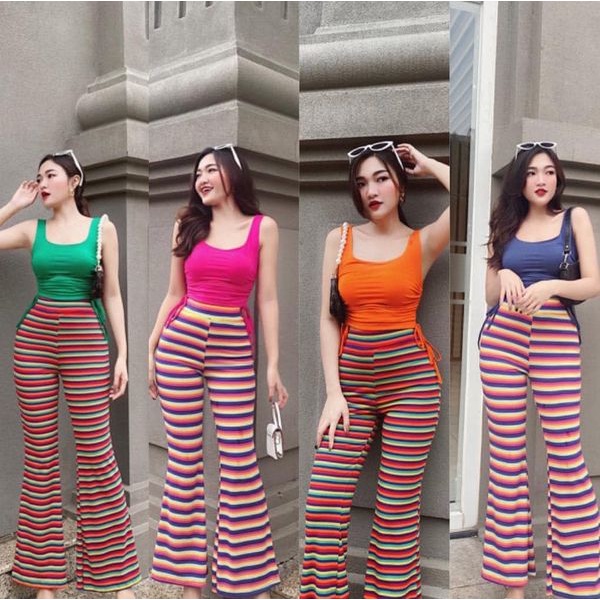 Đồ bộ nữ, set đồ bộ quần ống loe đai cao và áo croptop 2 dây bản to có dây rút 2 bên vải thun gân borip, đồ bộ mặc ở nhà