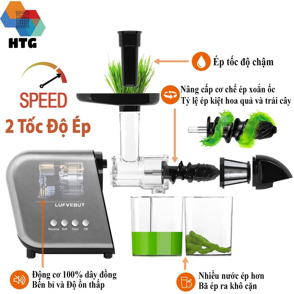 Máy Ép Chậm Trục Ngang LUFVEBUT BP-800 hai tốc độ ép khỏe, không lo kẹt bã ép trái cây rau củ, dễ dàng tháo lắp vệ sinh