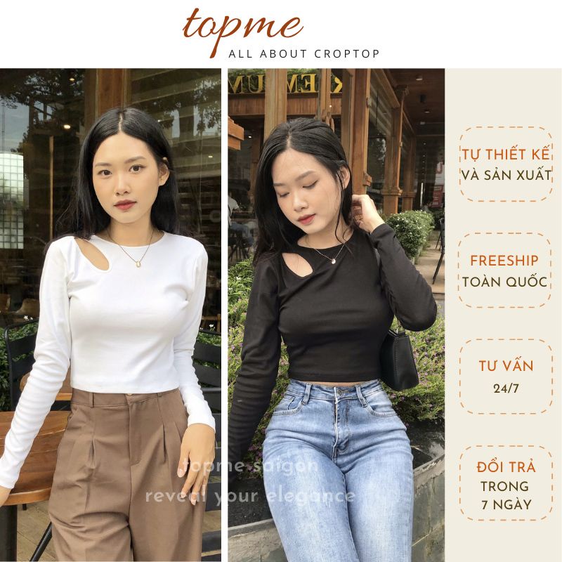 Croptop Nữ Khoét Vai, Áo Tay Dài Nữ Vải Thun Gân Cực Mát | TOPME CTDT02