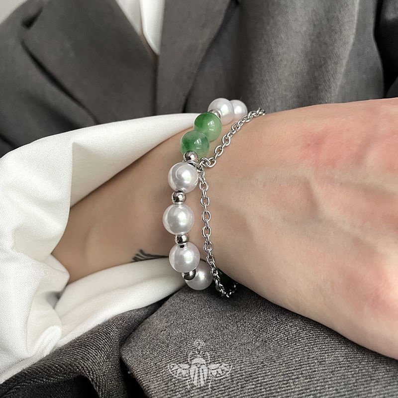 Vòng Tay Đôi Bằng Thép Titan Đính Ngọc Trai Giả Phong Cách hip hop Thanh Lịch Dễ Thương Dành Cho Cặp Đôi