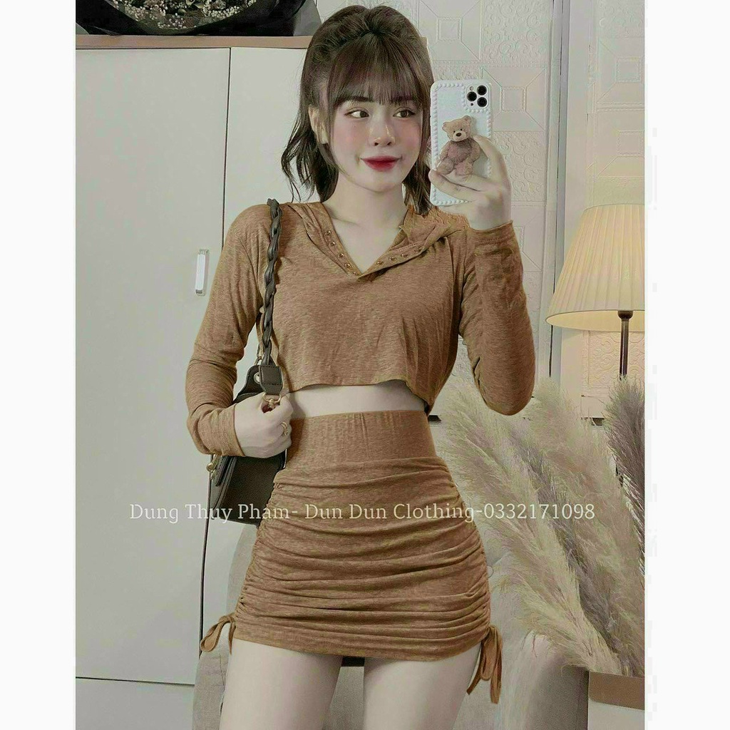 (Ưu Đãi FreeShip) Sét nữ thiết kế áo thun croptop tay dài có mũ mix chân váy rút dây chất thun gân mềm hàng chuẩn shop