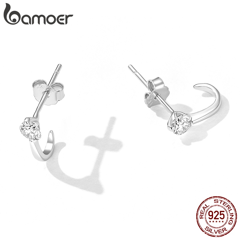 Đôi khuyên tai BAMOER bạc 925 kiểu chữ J thời trang cho nữ