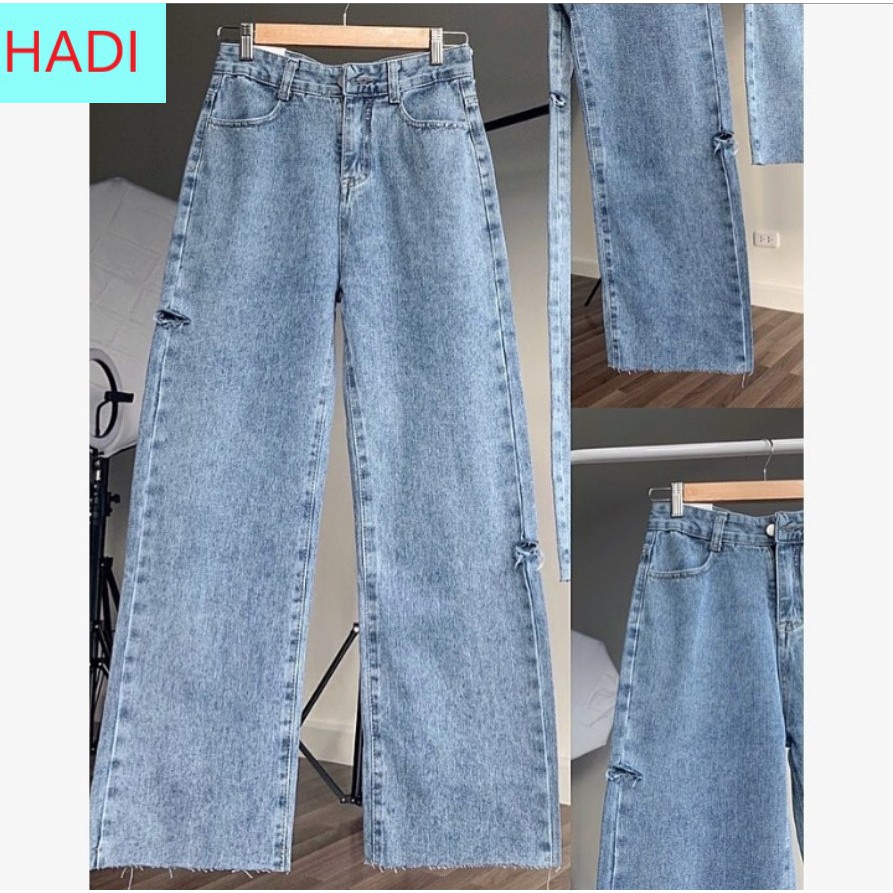 QUẦN JEAN ỐNG RỘNG NỮ LƯNG CAO RÁCH 2 BE LỆCH LAI TUA MÀU XANH NHẠT CAO CẤP HADI
