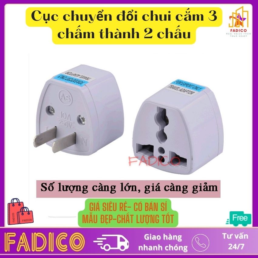 [HCM]Ổ Chuyển Đổi Phích Cắm Từ 3 Chân Sang 2 Chân,Cục chuyển đổi đầu cắm điện 3 Chấu thành 2 chấu Nguồn 220V-FADICO