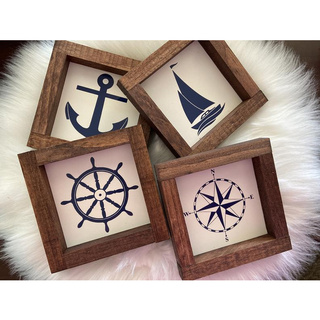 Bộ tranh gỗ handmade - Chủ đề biển - Cánh buồm - Mỏ neo - Vô lăng - La bàn - Decor Vintage