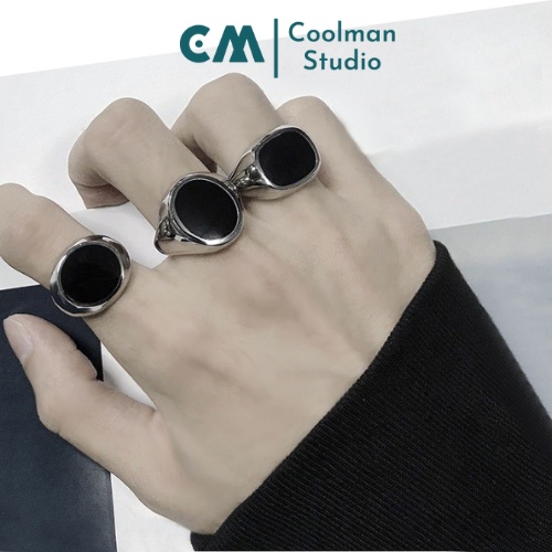 Nhẫn Nam Nữ Black Oval Màu Bạc Mặt Đính Đá Đen Hình Tròn Cá Tính Coolman Studio - Nhẫn Unisex Chất Liệu Titan Không Gỉ