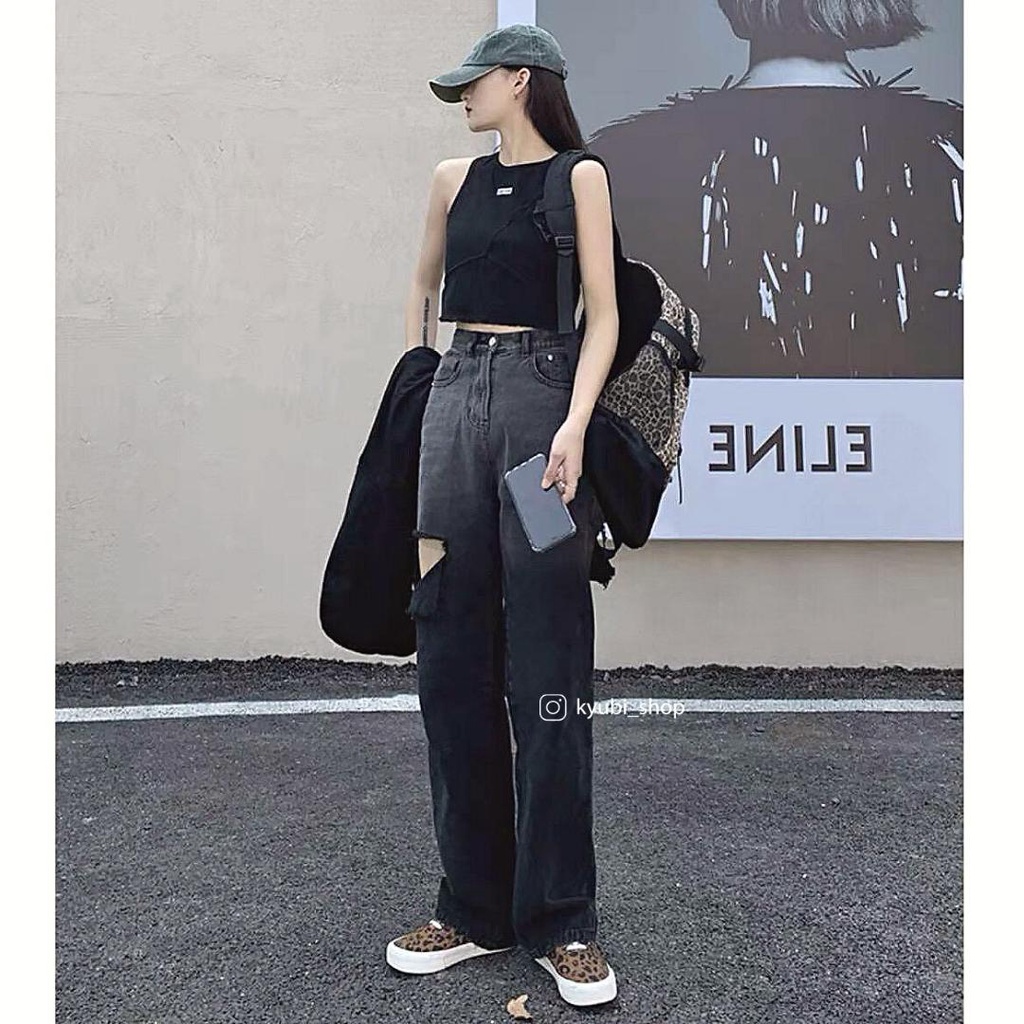 Quần jean nữ ống suông xám khói loang phong cách Streetyle (Có Bigsize) - Baggy Jeans ống rộng Kyubi TDY58