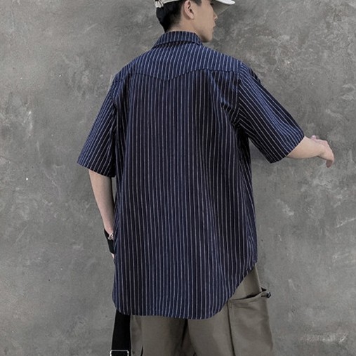 Áo Sơ Mi Ngắn Tay Phối Túi Với Họa Tiết Kẻ Sọc Cá Tính Dành Cho Nam / Size M-2xl