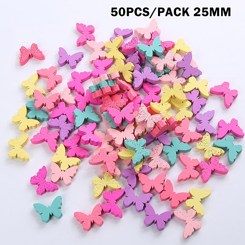 Bộ 50 Hạt Gỗ Hình Bướm 25mm Nhiều Màu Sắc Làm Trang Sức DIY