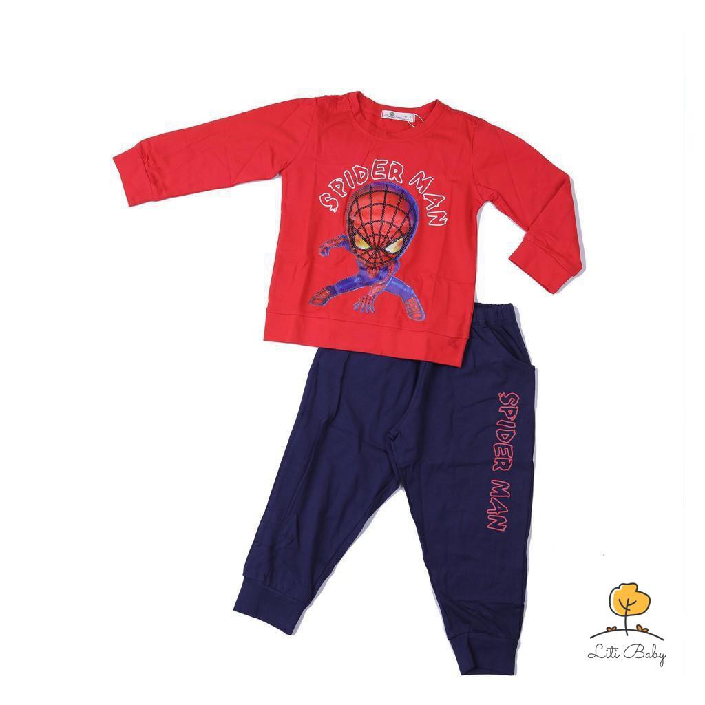 Bộ cotton thu đông bé trai dài hình Siêu nhân nhện đính kim sa size 3-10T, cho bạn từ 12-30kg. Chất cotton đẹp, đanh tay
