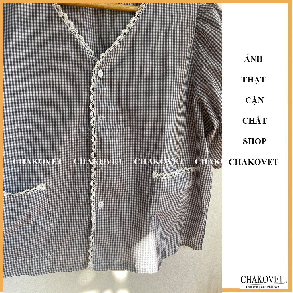 Áo sơ mi nữ ngắn tay đẹp kiểu kẻ CKA867, áo kiểu nữ cổ V viền ren 2 túi phong cách mới kiểu dáng hàn quốc Retro freesize | BigBuy360 - bigbuy360.vn