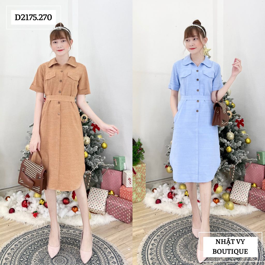Đầm sơ mi tay lửng phối dây eo - D2175