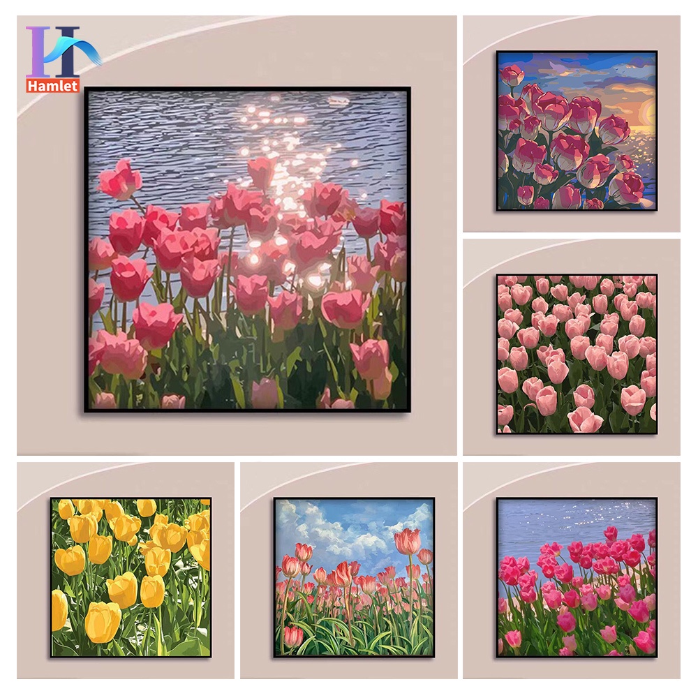 Bộ tranh sơn dầu acrylic Hamlet tô màu theo số hình hoa tulip làm quà tặng trang trí cỡ 20 * 20/30 * 30cm