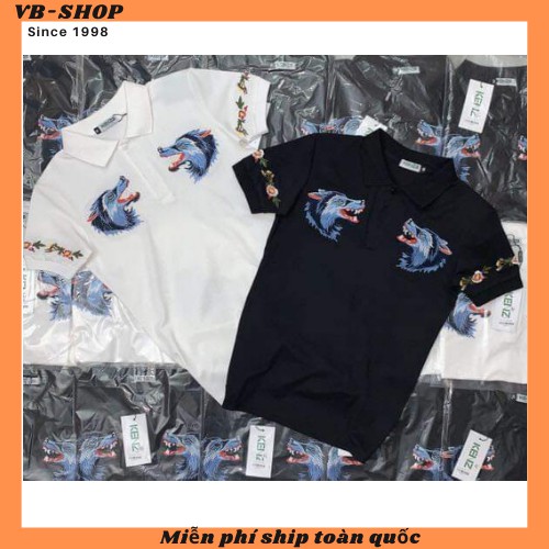 Áo thun nam ngắn tay cổ bẻ thêu sói nổi mạnh mẽ vải cotton xịn xuất khẩu