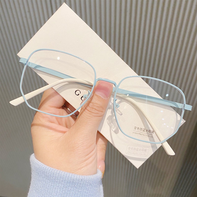 Gọng Kính Vuông Gọng Kim Loại Lớn Màu Xanh Dương Chống Ánh Sáng Xanh Không Độ Cận Phong Cách Nhật Bản Thời Trang Cho Nam