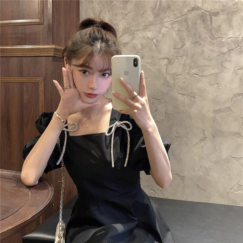 Đầm Chữ A Tay Ngắn Phồng Cổ Vuông Thắt Nơ Phong Cách Hàn Quốc Thời Trang Mùa Hè Hàng Mới Dành Cho Bạn Nữ