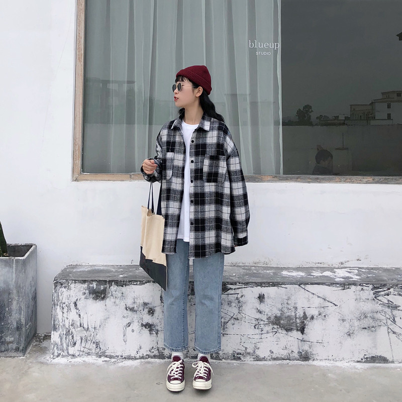 Áo sơ mi tay dài dáng rộng in họa tiết caro thời trang Hàn Quốc