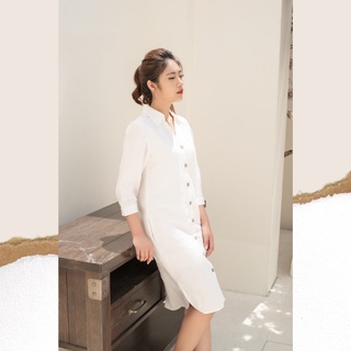 Đầm sơ mi linen màu trắng Lalastyle