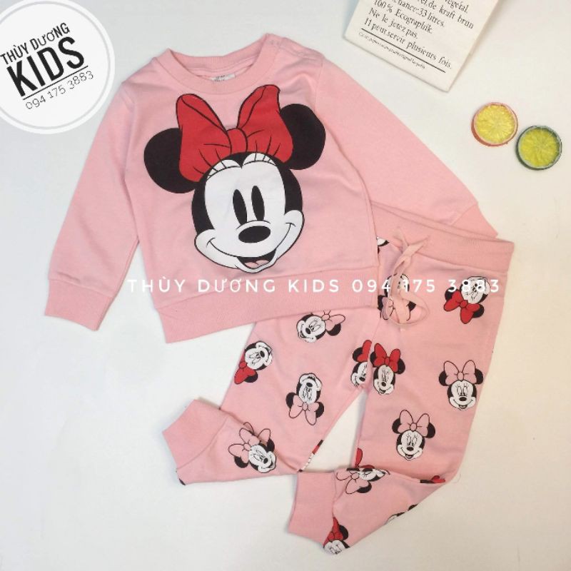 Bộ nỉ HM mặt Minnie hồng xuất dư cho bé gái 1-6y