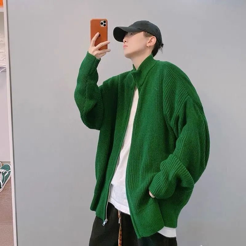 Áo Khoác Sweater Dệt Kim Cổ Đứng Dáng Rộng Phối Khóa Kéo Kiểu Đường Phố Thời Trang Thu Đông Cho Nam