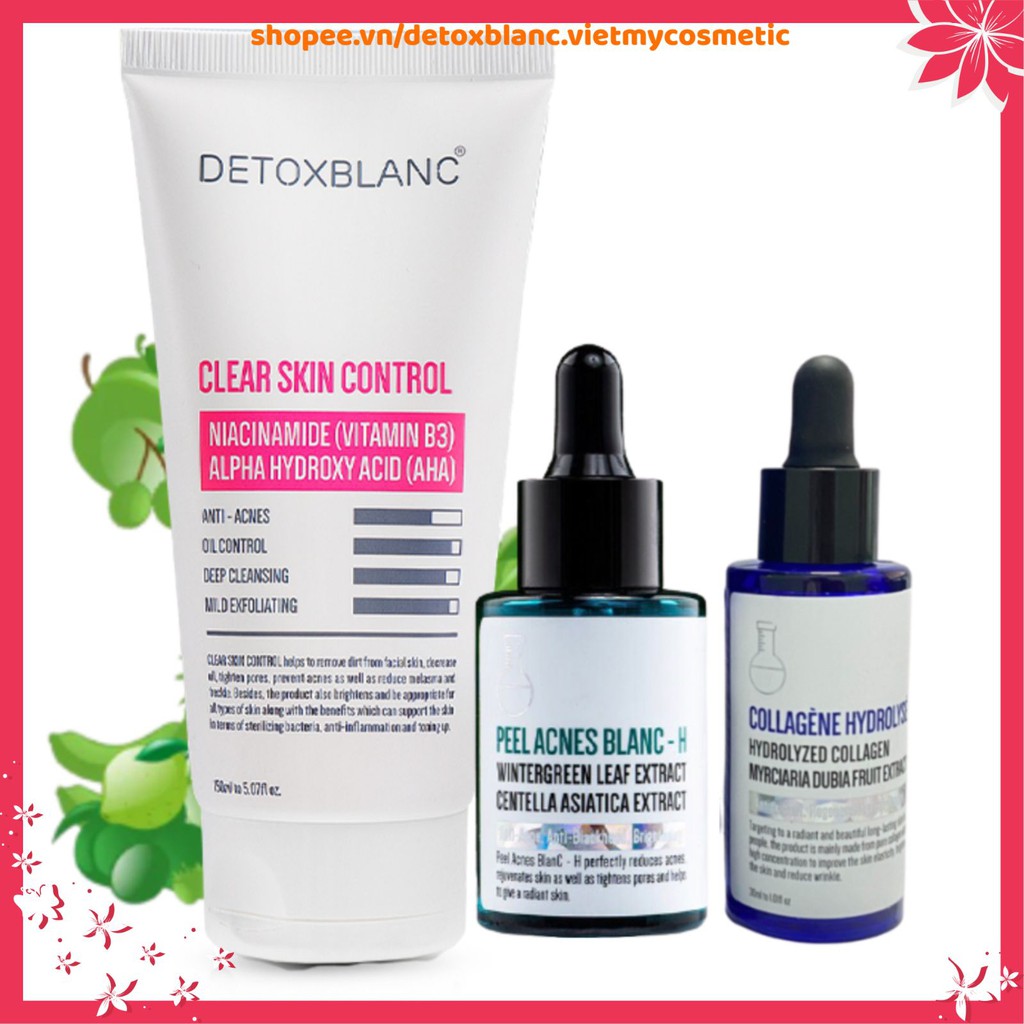 Combo loại bỏ mụn dưỡng trắng da hiệu quả Detox blanc (Serum H+serum collagen+sữa rửa mặt)