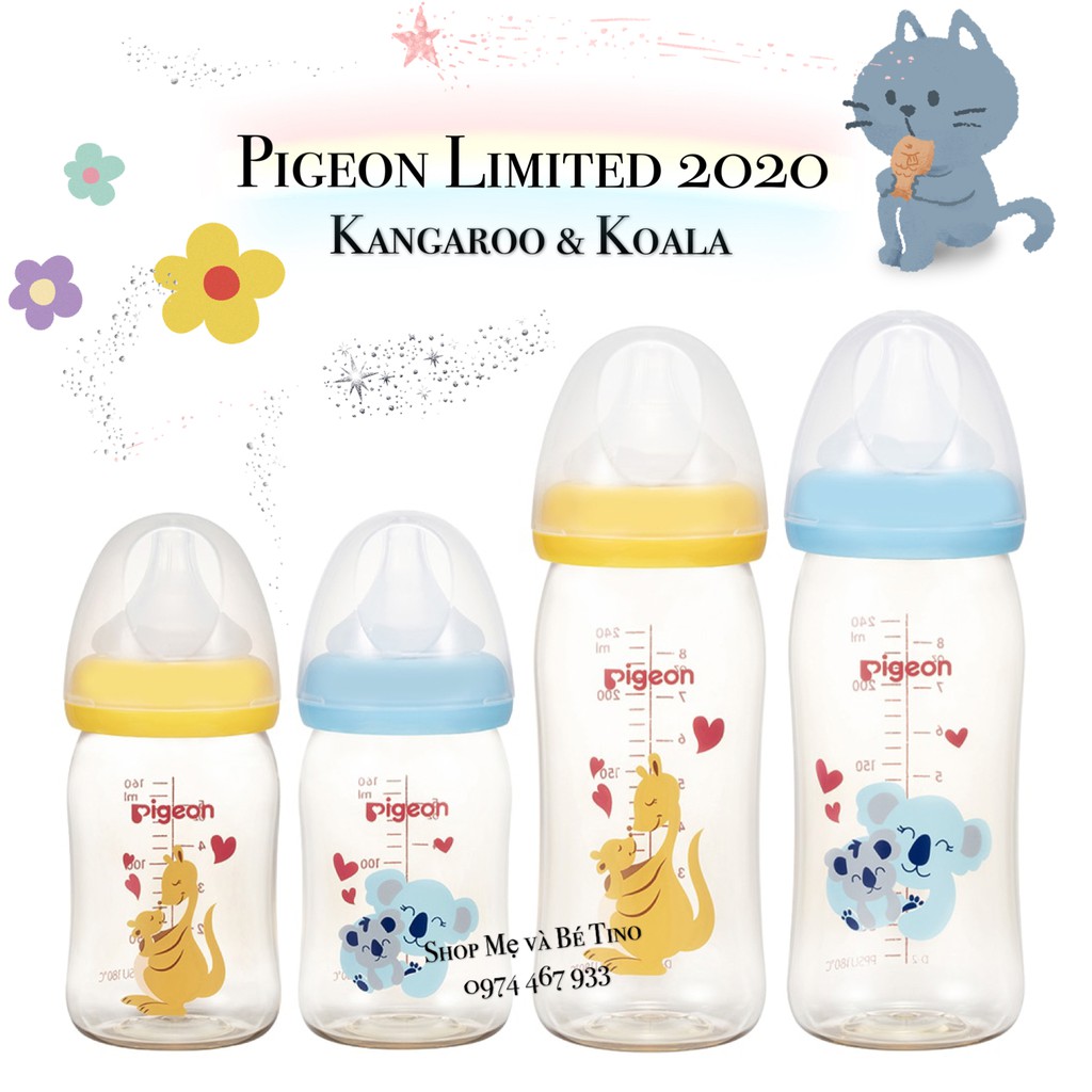 [Limited] Bình sữa Pigeon nội địa Nhật cổ rộng nhựa PPSU 160ml hoặc 240ml Kangaroo & Koala