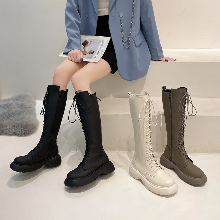 Giày bốt đế cao mũi tròn thắt dây và phối khóa kéo thời trang cá tính dành cho nữ | BigBuy360 - bigbuy360.vn