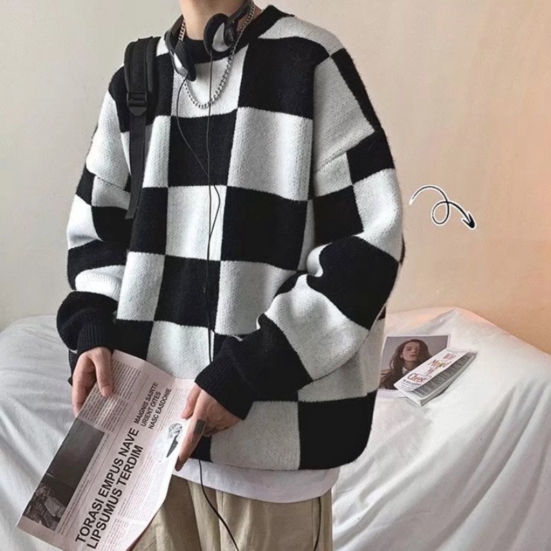 Áo sweater cổ tròn dáng rộng kẻ sọc ca rô phong cách Hàn Quốc retro thời trang cho cặp đôi